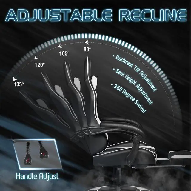 Alt view image 5 of 6 - Gaming Chair, Video Game Chair with Footrest and Massage Lumbar Support, Ergonomic Computer Chair Height Adjustable with Swivel Seat and Headrest (White)