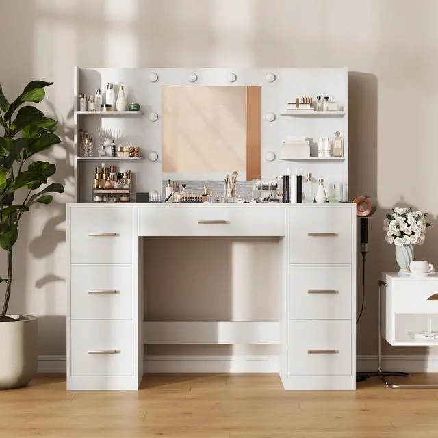 Alt view image 4 of 7 - Vanity Desk with Mirror, LED Lights and Power Outlet Makeup Vanity Table with 7 Drawers and 6 Storage Shelves Dressing Table for Bedroom Dressing Room (White)