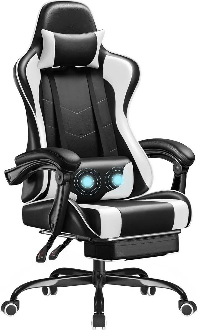 Main image of Gaming Chair, Video Game Chair with Footrest and Massage Lumbar Support, Ergonomic Computer Chair Height Adjustable with Swivel Seat and Headrest (White)