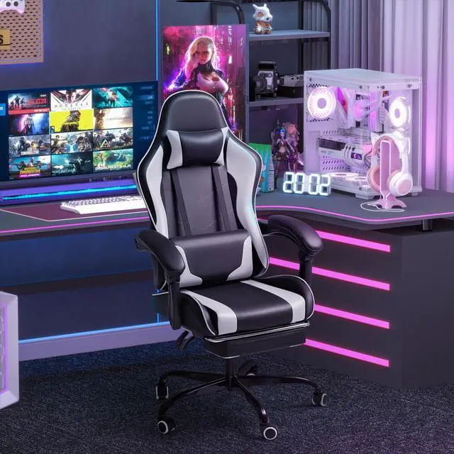 Alt view image 6 of 6 - Gaming Chair, Video Game Chair with Footrest and Massage Lumbar Support, Ergonomic Computer Chair Height Adjustable with Swivel Seat and Headrest (White)