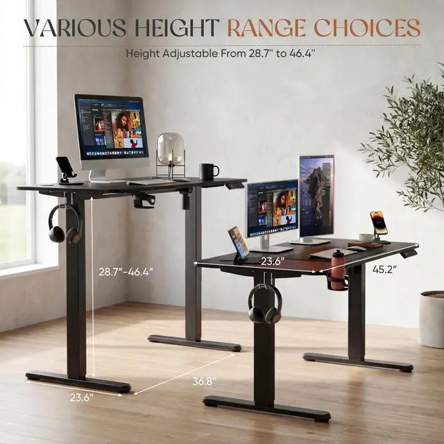 Alt view image 7 of 7 - Electric Standing Desk, 45 x 24 Inches Height Adjustable Sit Stand up Desk, Memory Preset Computer Home Office Desks with Sturdy Metal Frame, Phone Stand Cable Management Hole (Black, 45'')