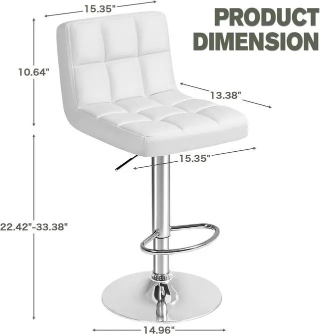 Alt view image 3 of 7 - Bar Stools Modern Pu Leather Swivel Adjustable Hydraulic Bar Stool Square Counter Height Stool Set of 2 (White)