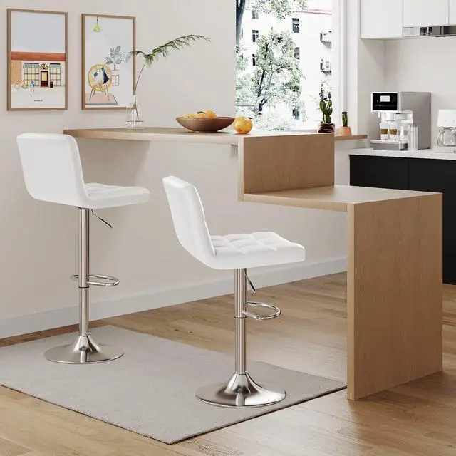Alt view image 2 of 7 - Bar Stools Modern Pu Leather Swivel Adjustable Hydraulic Bar Stool Square Counter Height Stool Set of 2 (White)