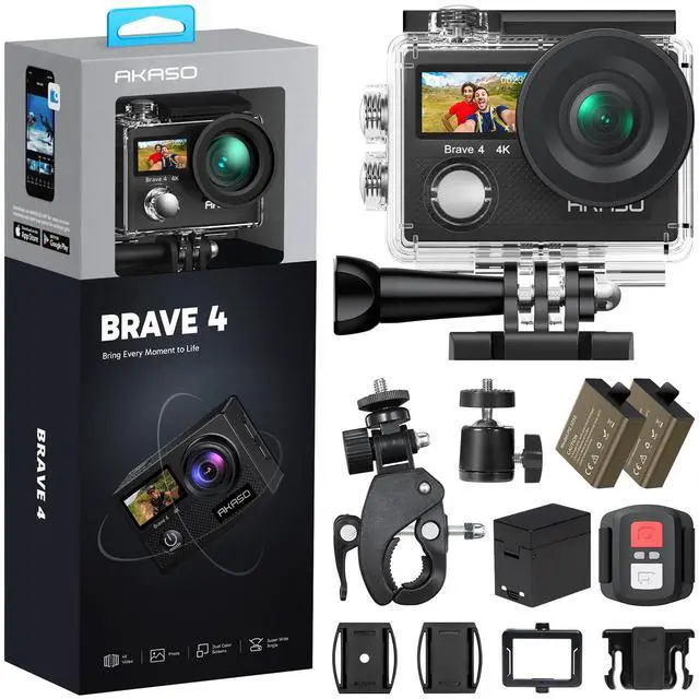 Main image of Brave 4 Action Camera 4K 30fps Ultra Hd Video 20MP Photo, EIS, WiFi Remote Control, 2X Batteries, Waterproof Underwater Camera for Snorkel, Travel, Motorcycle, Bicycle, Helmet Accessories Kit