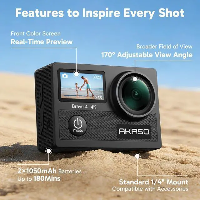 Alt view image 7 of 7 - Brave 4 Action Camera 4K 30fps Ultra Hd Video 20MP Photo, EIS, WiFi Remote Control, 2X Batteries, Waterproof Underwater Camera for Snorkel, Travel, Motorcycle, Bicycle, Helmet Accessories Kit