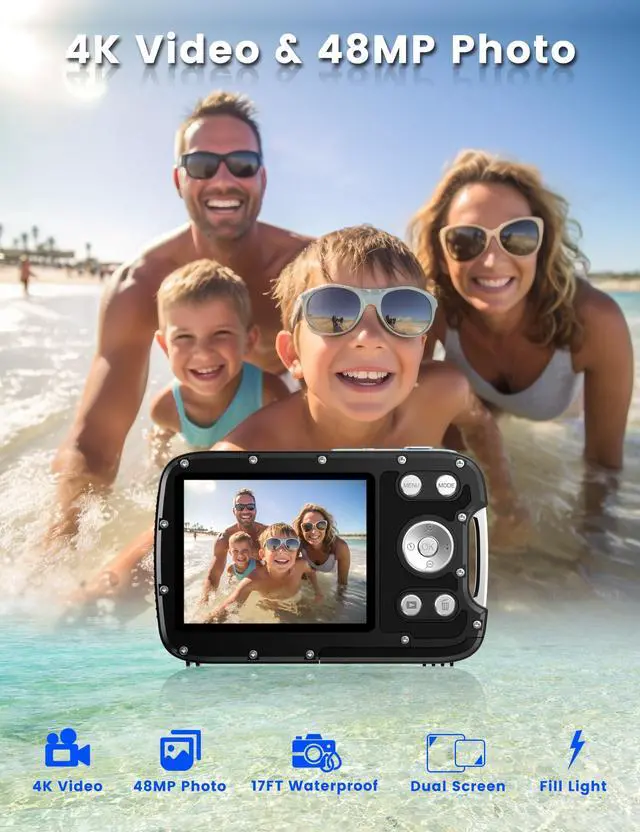 Alt view image 2 of 7 - Underwater Camera 4K 48MP Autofocus Selfie Dual Screen Waterproof Camera with Floating Strap and 32GB Card, 17FT Compact Waterproof Digital Camera, Fill Light Underwater Camera for Snorkeling