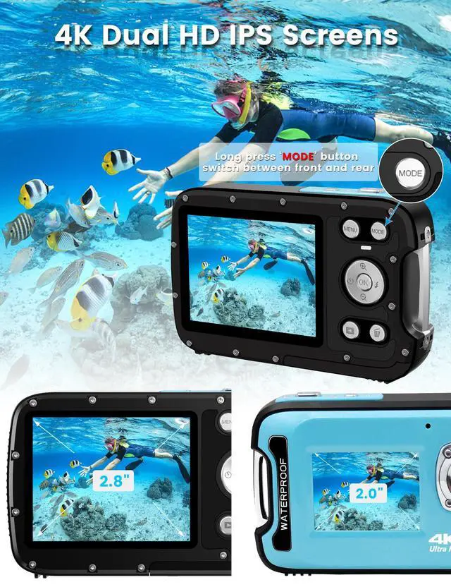 Alt view image 5 of 7 - Underwater Camera 4K 48MP Autofocus Selfie Dual Screen Waterproof Camera with Floating Strap and 32GB Card, 17FT Compact Waterproof Digital Camera, Fill Light Underwater Camera for Snorkeling