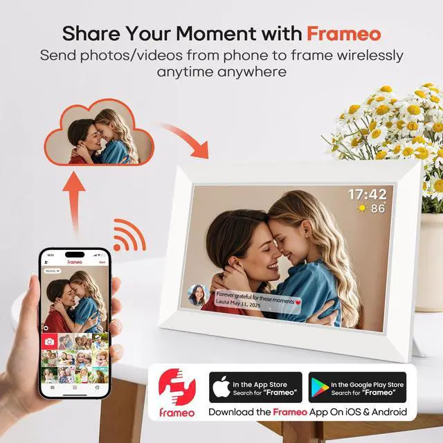 Alt view image 2 of 7 - 10.1 Inch WiFi Digital Photo Frame via Frameo App, 1280x800 HD IPS Touch Screen Electric Picture Frame Display, 32GB Storage, Auto-Rotate, Wall Mountable, Share Photos/Videos Instantly