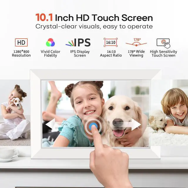 Alt view image 4 of 7 - 10.1 Inch WiFi Digital Photo Frame via Frameo App, 1280x800 HD IPS Touch Screen Electric Picture Frame Display, 32GB Storage, Auto-Rotate, Wall Mountable, Share Photos/Videos Instantly