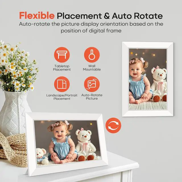 Alt view image 5 of 7 - 10.1 Inch WiFi Digital Photo Frame via Frameo App, 1280x800 HD IPS Touch Screen Electric Picture Frame Display, 32GB Storage, Auto-Rotate, Wall Mountable, Share Photos/Videos Instantly