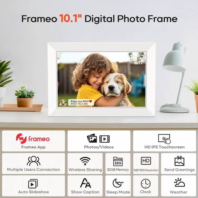Alt view image 6 of 7 - 10.1 Inch WiFi Digital Photo Frame via Frameo App, 1280x800 HD IPS Touch Screen Electric Picture Frame Display, 32GB Storage, Auto-Rotate, Wall Mountable, Share Photos/Videos Instantly