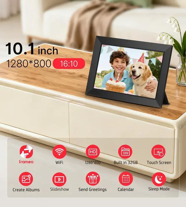 Alt view image 7 of 7 - Digital Picture Frame, 10.1" Frameo Digital Frame WiFi with 32GB Memory, 1280x800 IPS Touch Screen, Send Photos/Videos from Your Phone Anywhere, Photo Gifts for Parents and Grandparents