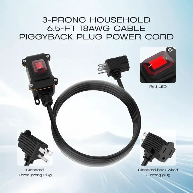 Alt view image 3 of 7 - Inline Cord Switch with 6.5ft 18AWG, 3-Prong Cable Piggyback Plug Power Cord IP67 Waterproof Extension Cord with On/Off Outdoor Light Sturdy and Durable Switch 16A-250V 20A-125V