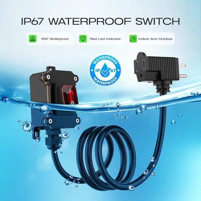 Alt view image 5 of 7 - Inline Cord Switch with 6.5ft 18AWG, 3-Prong Cable Piggyback Plug Power Cord IP67 Waterproof Extension Cord with On/Off Outdoor Light Sturdy and Durable Switch 16A-250V 20A-125V