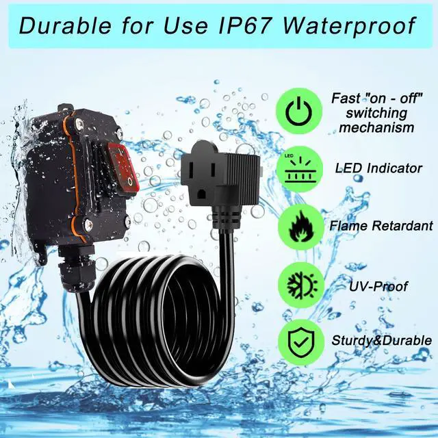 Alt view image 5 of 6 - Inline Cord Switch with 14AWG Cable, Outdoor Extension Cord Switch with Piggyback Plug (3-Pronged), IP67 Waterproof Inline Power Switch with Red LED Rocker Button, Heavy Duty AC/DC 20A-125V