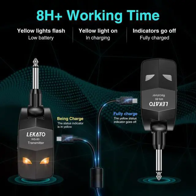 Alt view image 2 of 7 - Wireless Guitar System 2.4GHz Audio Guitar Transmitter Receiver with 4 Channels Rechargeable Guitar Wireless System for Guitar Bass Electric Instruments Practise/Performance(WS-80)