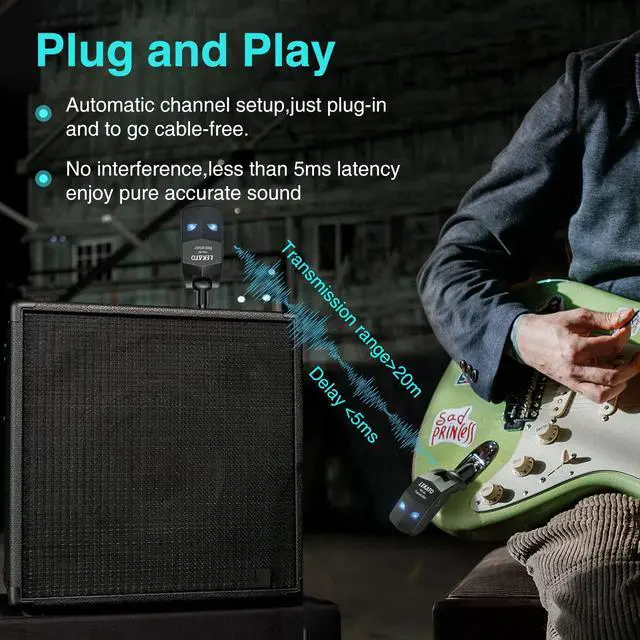 Alt view image 3 of 7 - Wireless Guitar System 2.4GHz Audio Guitar Transmitter Receiver with 4 Channels Rechargeable Guitar Wireless System for Guitar Bass Electric Instruments Practise/Performance(WS-80)
