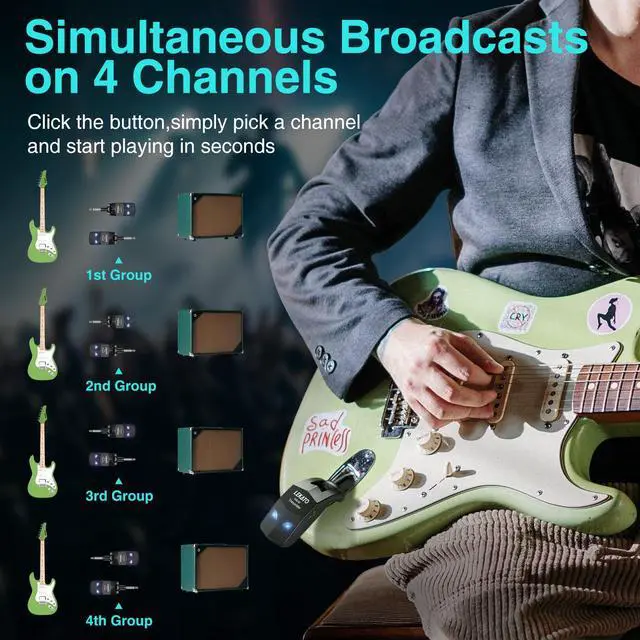 Alt view image 6 of 7 - Wireless Guitar System 2.4GHz Audio Guitar Transmitter Receiver with 4 Channels Rechargeable Guitar Wireless System for Guitar Bass Electric Instruments Practise/Performance(WS-80)
