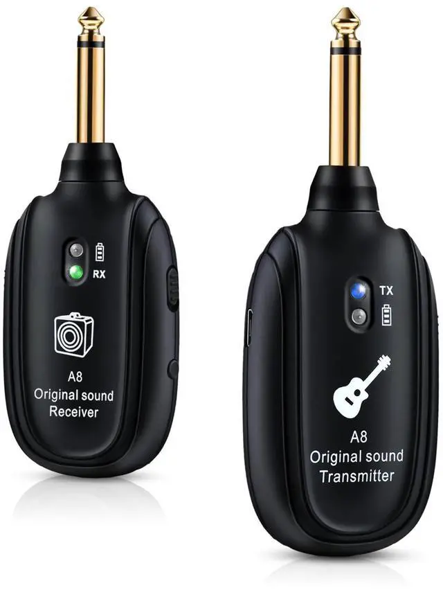Main image of A8 Wireless Guitar System UHF 2 Modes, Rechargeable Li-Battery, 100ft Range, Plug & Play for Guitar, Bass, Violin, Keyboard - Black