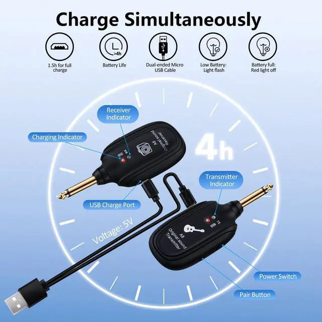 Alt view image 2 of 5 - A8 Wireless Guitar System UHF 2 Modes, Rechargeable Li-Battery, 100ft Range, Plug & Play for Guitar, Bass, Violin, Keyboard - Black
