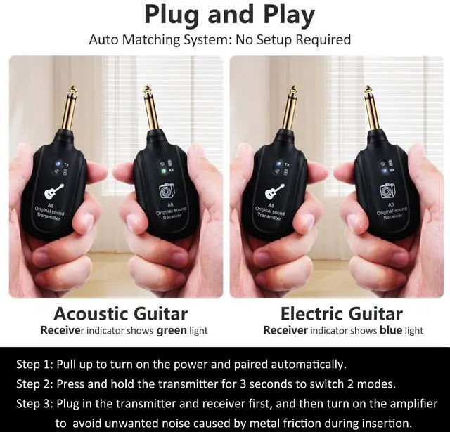 Alt view image 3 of 5 - A8 Wireless Guitar System UHF 2 Modes, Rechargeable Li-Battery, 100ft Range, Plug & Play for Guitar, Bass, Violin, Keyboard - Black