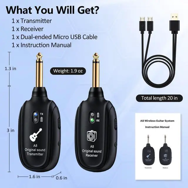 Alt view image 5 of 5 - A8 Wireless Guitar System UHF 2 Modes, Rechargeable Li-Battery, 100ft Range, Plug & Play for Guitar, Bass, Violin, Keyboard - Black
