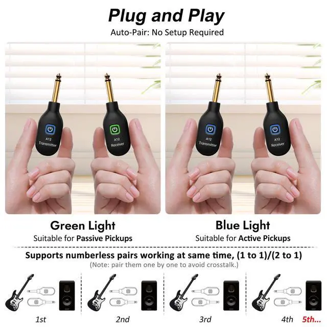 Alt view image 4 of 7 - A12 Wireless Guitar Transmitter Receiver - 2.4GHz System, 24-bit 48KHz Audio, 100ft Range, No Latency, Rechargeable, Easy Pairing for Electric Guitar & Bass - Accessories (1TX+1RX)