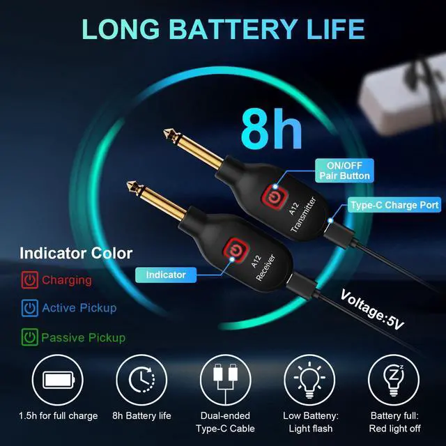 Alt view image 5 of 7 - A12 Wireless Guitar Transmitter Receiver - 2.4GHz System, 24-bit 48KHz Audio, 100ft Range, No Latency, Rechargeable, Easy Pairing for Electric Guitar & Bass - Accessories (1TX+1RX)