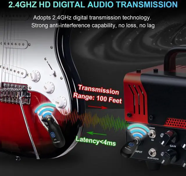 Alt view image 3 of 7 - A12 Wireless Guitar Transmitter Receiver - 2.4GHz System, 24-bit 48KHz Audio, 100ft Range, No Latency, Rechargeable, Easy Pairing for Electric Guitar & Bass - Accessories (1TX+1RX)