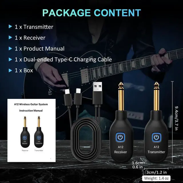 Alt view image 7 of 7 - A12 Wireless Guitar Transmitter Receiver - 2.4GHz System, 24-bit 48KHz Audio, 100ft Range, No Latency, Rechargeable, Easy Pairing for Electric Guitar & Bass - Accessories (1TX+1RX)