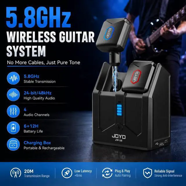 Alt view image 7 of 7 - 5.8Ghz Wireless Guitar Transmitter Receiver Guitar System with Charging Box for Electric Guitar Bass 4 Audio Channels (JW-06)