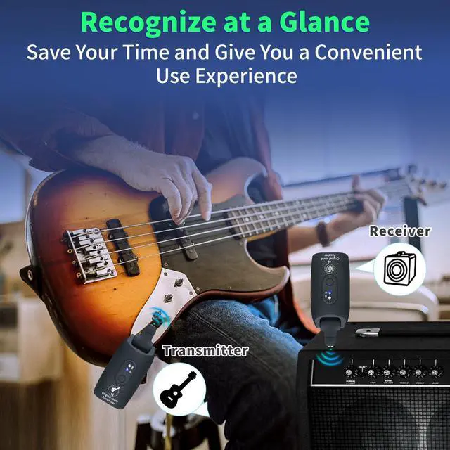 Alt view image 2 of 7 - A9 Wireless Guitar System - 2.4GHz Guitar Accessories Transmitter Receiver, 24-bit 48KHz Audio, 100ft Range, No Latency, 4-Hour Rechargeable Battery, for Electric Bass (Black(2TX+1RX))
