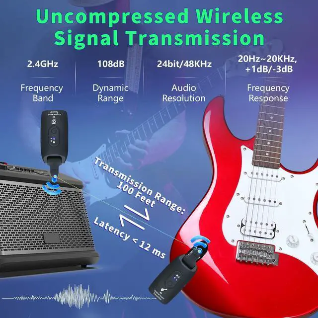 Alt view image 3 of 7 - A9 Wireless Guitar System - 2.4GHz Guitar Accessories Transmitter Receiver, 24-bit 48KHz Audio, 100ft Range, No Latency, 4-Hour Rechargeable Battery, for Electric Bass (Black(2TX+1RX))