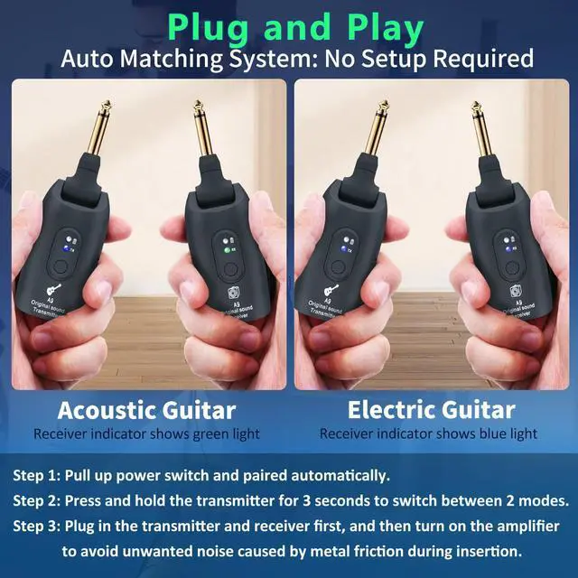 Alt view image 7 of 7 - A9 Wireless Guitar System - 2.4GHz Guitar Accessories Transmitter Receiver, 24-bit 48KHz Audio, 100ft Range, No Latency, 4-Hour Rechargeable Battery, for Electric Bass (Black(2TX+1RX))