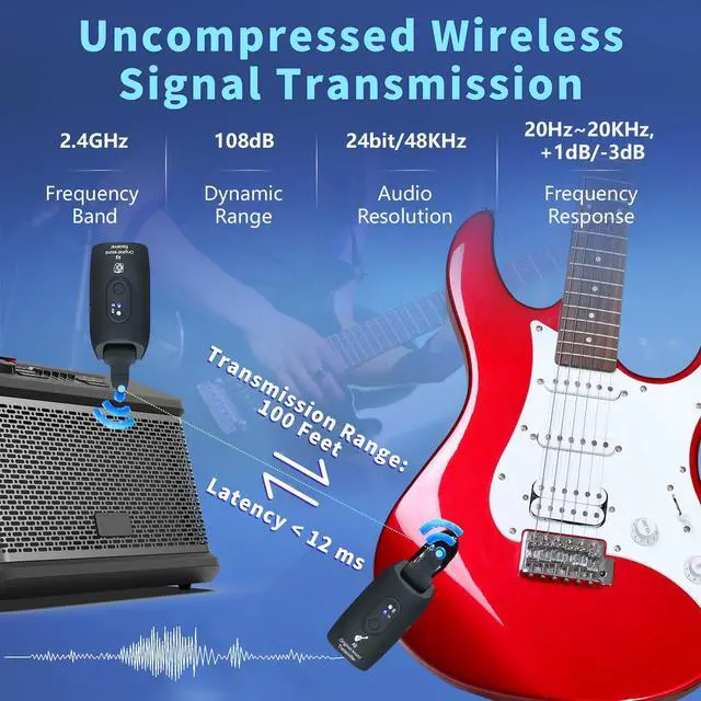 Alt view image 2 of 7 - 2.4GHz Wireless Guitar System Rechargeable Audio Wireless Transmitter Receiver for Guitar Bass Electric Instruments,Over 30m/100 Feet Transmission,270°Rotatable,4hours Woring TimeA9 Black