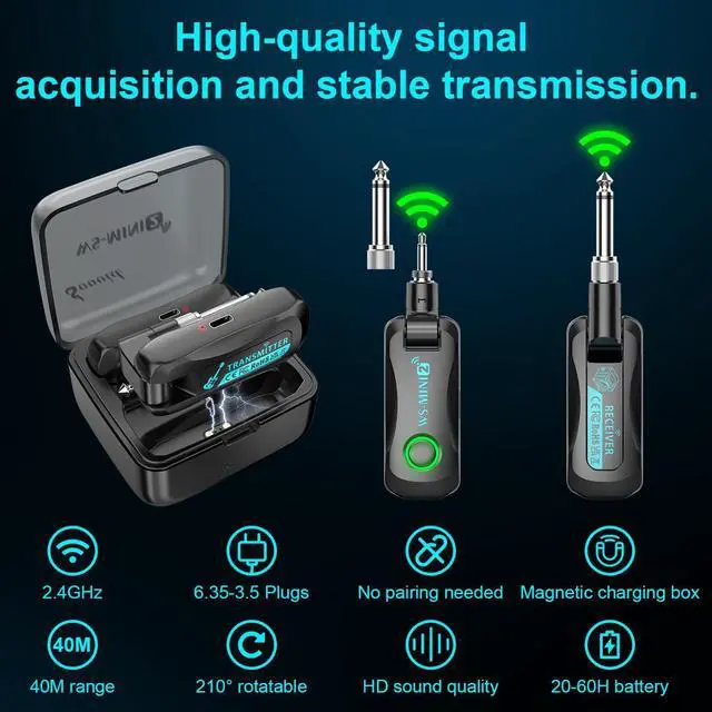Alt view image 2 of 7 - Wireless Guitar System 2.4 GHz with Magnetic Charging Case Wireless Guitar Transmitter Receiver for Guitar Bass Electric Instruments