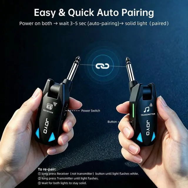Alt view image 3 of 7 - Wireless Guitar System UHF Transmitter Receiver 6 Channel <2ms Low Latency 150ft Long Range Rechargeable for Guitar Bass 6.35mm Mono Audio Cordless (JW-08)