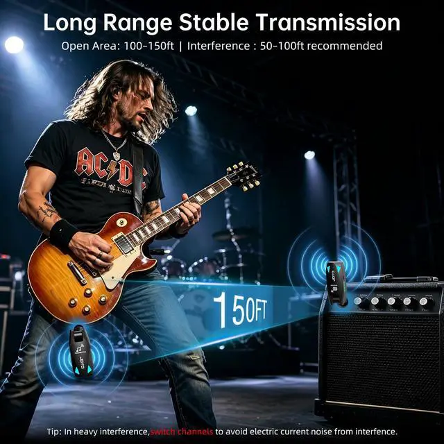Alt view image 6 of 7 - Wireless Guitar System UHF Transmitter Receiver 6 Channel <2ms Low Latency 150ft Long Range Rechargeable for Guitar Bass 6.35mm Mono Audio Cordless (JW-08)