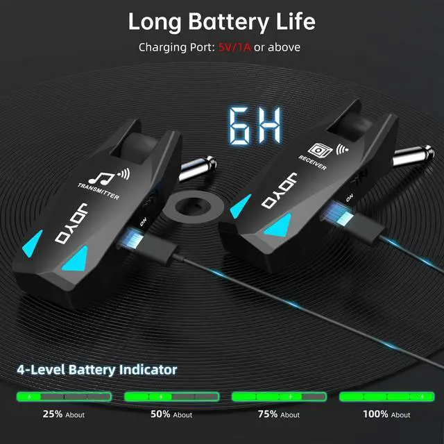 Alt view image 7 of 7 - Wireless Guitar System UHF Transmitter Receiver 6 Channel <2ms Low Latency 150ft Long Range Rechargeable for Guitar Bass 6.35mm Mono Audio Cordless (JW-08)