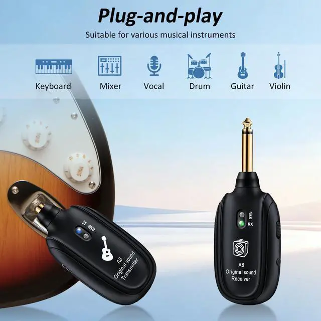 Alt view image 2 of 7 - A8 Wireless Guitar Transmitter Receiver System, 2.4GHz Rechargeable, 24-bit/48KHz Audio, Low Latency <4ms for Electric Guitar & Bass, Wireless Audio Transmitter & Receiver (A8-2(2TX+1RX))