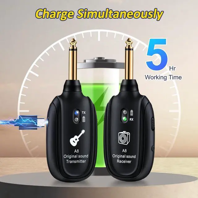 Alt view image 5 of 7 - A8 Wireless Guitar Transmitter Receiver System, 2.4GHz Rechargeable, 24-bit/48KHz Audio, Low Latency <4ms for Electric Guitar & Bass, Wireless Audio Transmitter & Receiver (A8-2(2TX+1RX))