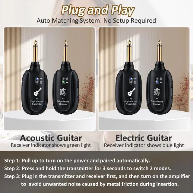 Alt view image 6 of 7 - A8 Wireless Guitar Transmitter Receiver System, 2.4GHz Rechargeable, 24-bit/48KHz Audio, Low Latency <4ms for Electric Guitar & Bass, Wireless Audio Transmitter & Receiver (A8-2(2TX+1RX))