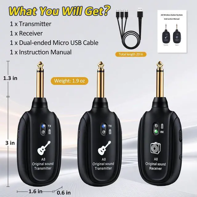 Alt view image 7 of 7 - A8 Wireless Guitar Transmitter Receiver System, 2.4GHz Rechargeable, 24-bit/48KHz Audio, Low Latency <4ms for Electric Guitar & Bass, Wireless Audio Transmitter & Receiver (A8-2(2TX+1RX))