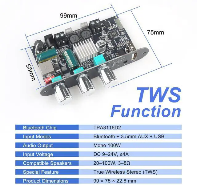 Alt view image 5 of 6 - 2Pcs ZK-1001U Mono Amplifier Board with TWS, 100W Power Output, Vehicle Amplifier Supports USB/AUX/Bluetooth,Wide Voltage Input DC9-24V (ZK-1001U X2)