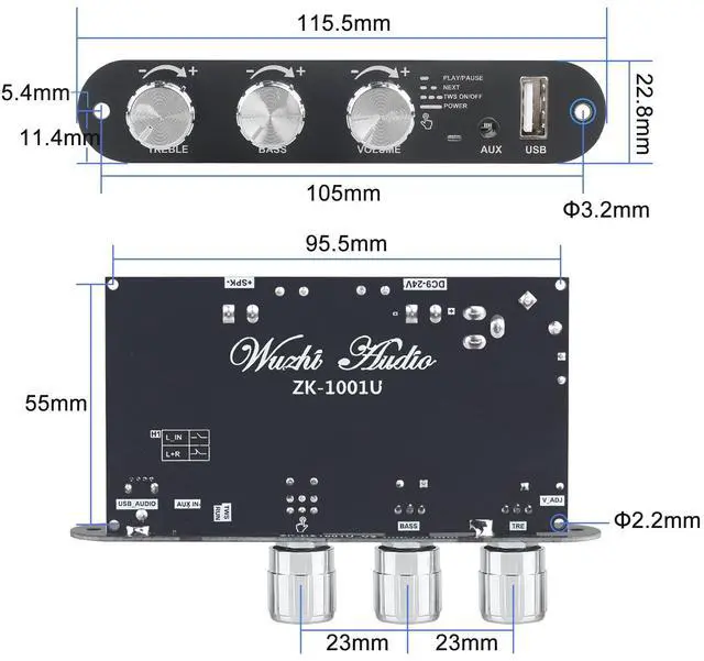 Alt view image 6 of 6 - 2Pcs ZK-1001U Mono Amplifier Board with TWS, 100W Power Output, Vehicle Amplifier Supports USB/AUX/Bluetooth,Wide Voltage Input DC9-24V (ZK-1001U X2)