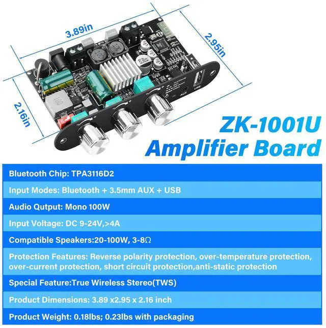 Alt view image 7 of 7 - ZK-1001U Mono Bluetooth Amplifier Board with TWS, 100W Peak Power Home Audio Amplifier Board,Vehicle Amplifier Wide Voltage Input 9-24V,Supports USB/AUX/Bluetooth Input for DIY Wireless Speaker