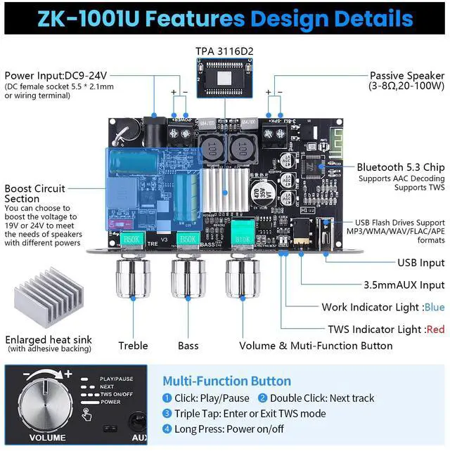 Alt view image 2 of 6 - ZK-1001U Mono Bluetooth Amplifier Board, 100W Peak Power, TWS Stereo, 9-24V Input, USB/AUX/Bluetooth Input for DIY Wireless Speakers Projects,Boost Circuit