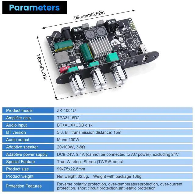 Alt view image 5 of 6 - ZK-1001U Mono Bluetooth Amplifier Board, 100W Peak Power, TWS Stereo, 9-24V Input, USB/AUX/Bluetooth Input for DIY Wireless Speakers Projects,Boost Circuit