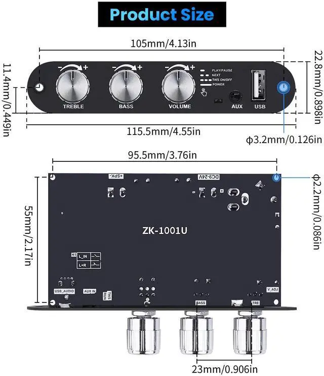 Alt view image 6 of 6 - ZK-1001U Mono Bluetooth Amplifier Board, 100W Peak Power, TWS Stereo, 9-24V Input, USB/AUX/Bluetooth Input for DIY Wireless Speakers Projects,Boost Circuit