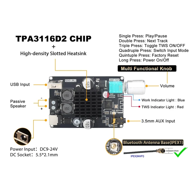 Alt view image 2 of 6 - TW100S Mono Bluetooth Amplifier Board with TWS, 100W Vehicle Audio Amplifier with TPA3116, Wide Voltage Input 9-24V, Supports USB/AUX/Bluetooth Input